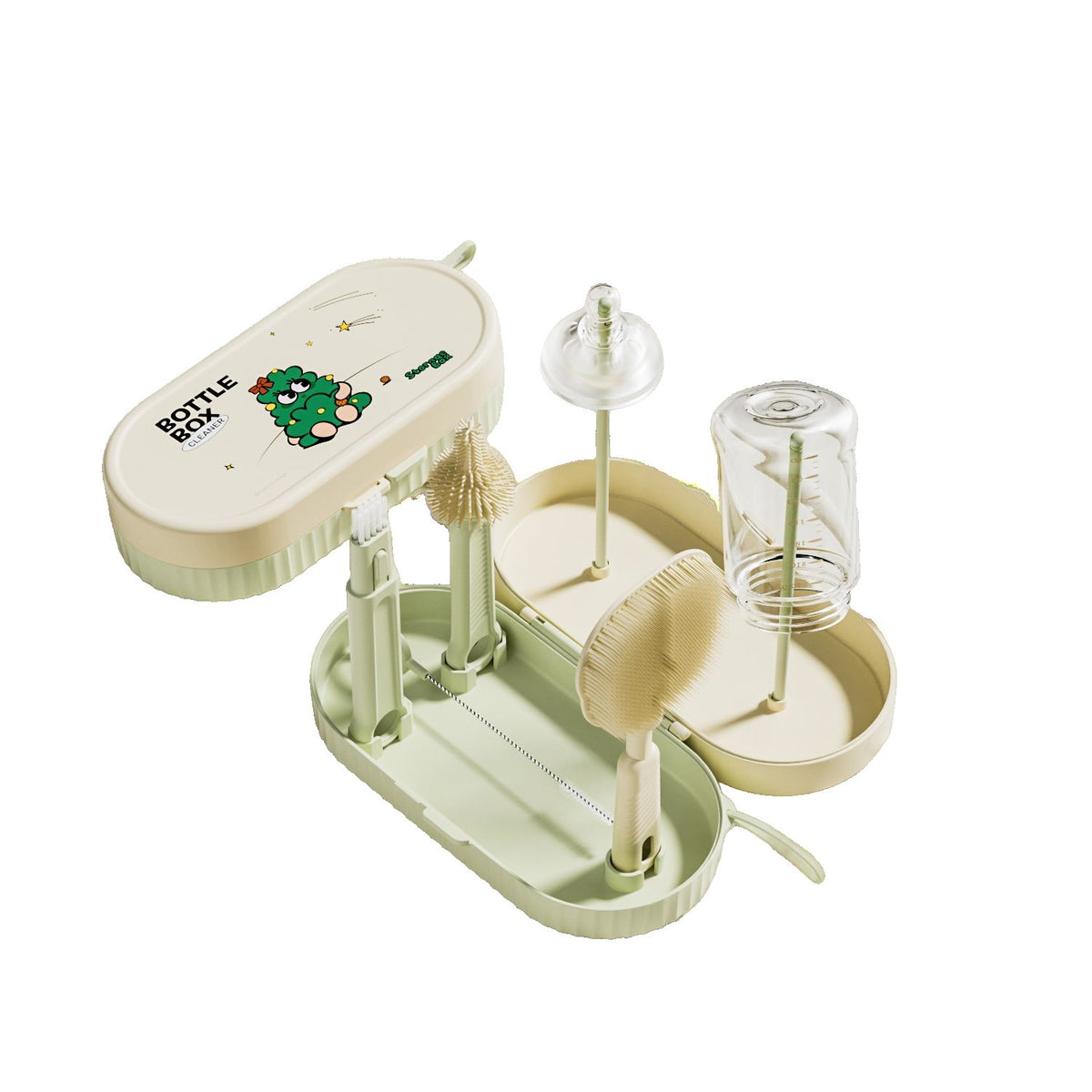 Set Curatare Biberoane si Tetine Portabil, Perii Silicon cu Suport de Uscare si Cutie Depozitare, 7 Piese, Verde, 20 x 9.5 cm