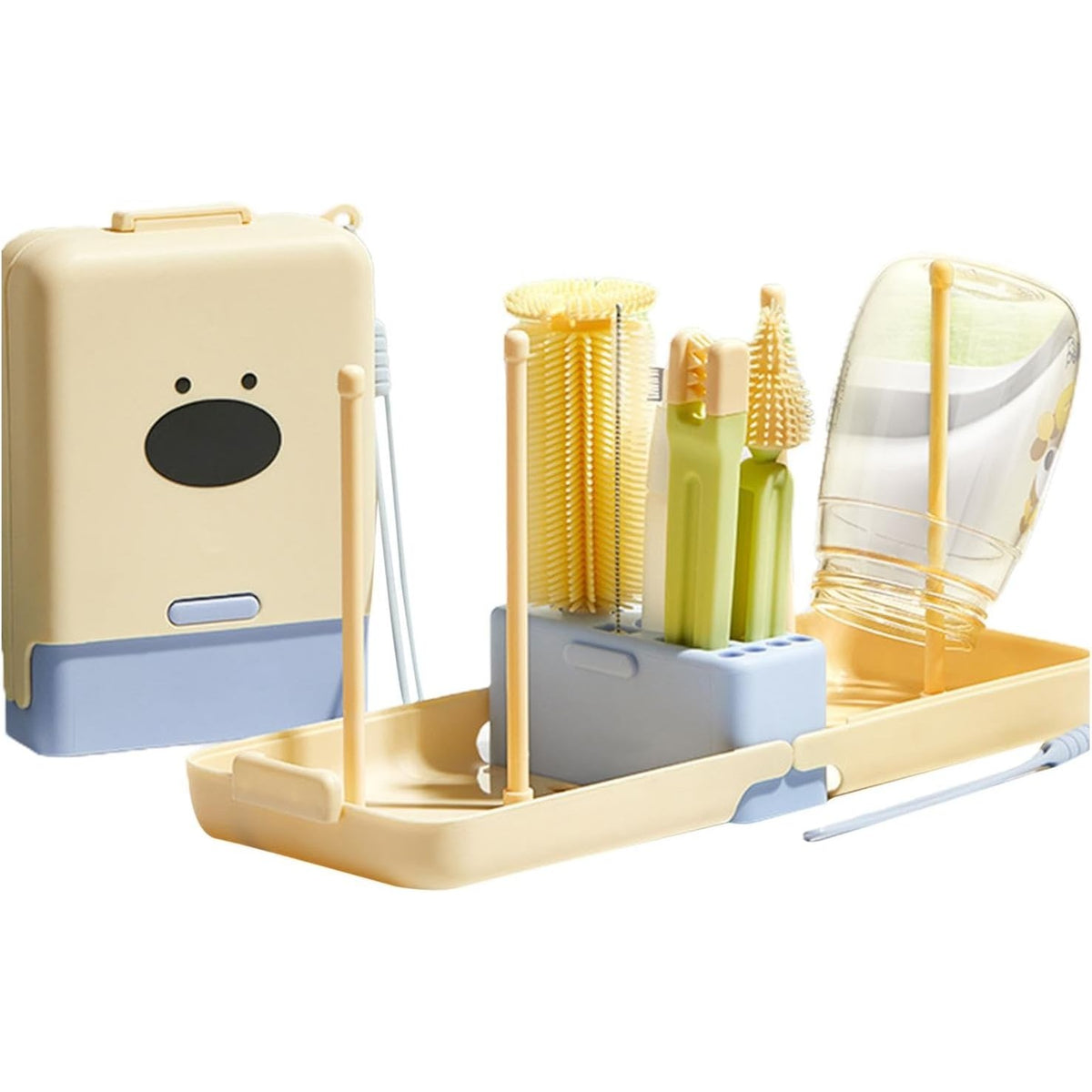 Set Curatare si Uscare Biberoane Portabil, Peri din Silicon pentru Tetine si Suzete, Kit 7 Piese cu Cutie Depozitare si Suport Scurgere, Model Catel, Albastru