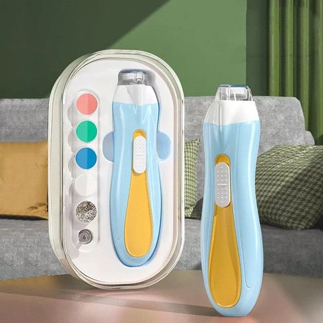 Pila Electrica pentru Unghii Bebelusi si Copii, Silentioasa cu Lumina LED si Incarcare USB Tip C, Carcasa ABS, Set 6 Capete de Praf, Albastru/Portocaliu