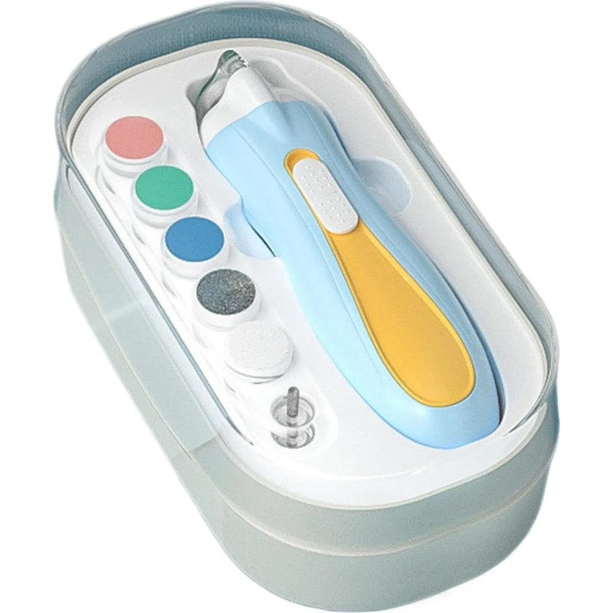 Pila Electrica pentru Unghii Bebelusi si Copii, Silentioasa cu Lumina LED si Incarcare USB Tip C, Carcasa ABS, Set 6 Capete de Praf, Albastru/Portocaliu