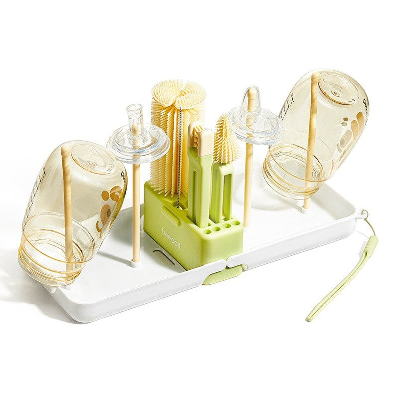 Set Curatare Biberoane si Accesorii, Kit Portabil 7 Piese cu Peri din Silicon si Suport Uscare, pentru Tetine, Suzete sau Paie, Cutie Depozitare Inclusa, Model Panda, Verde, 16.8 x 12 x 5 cm