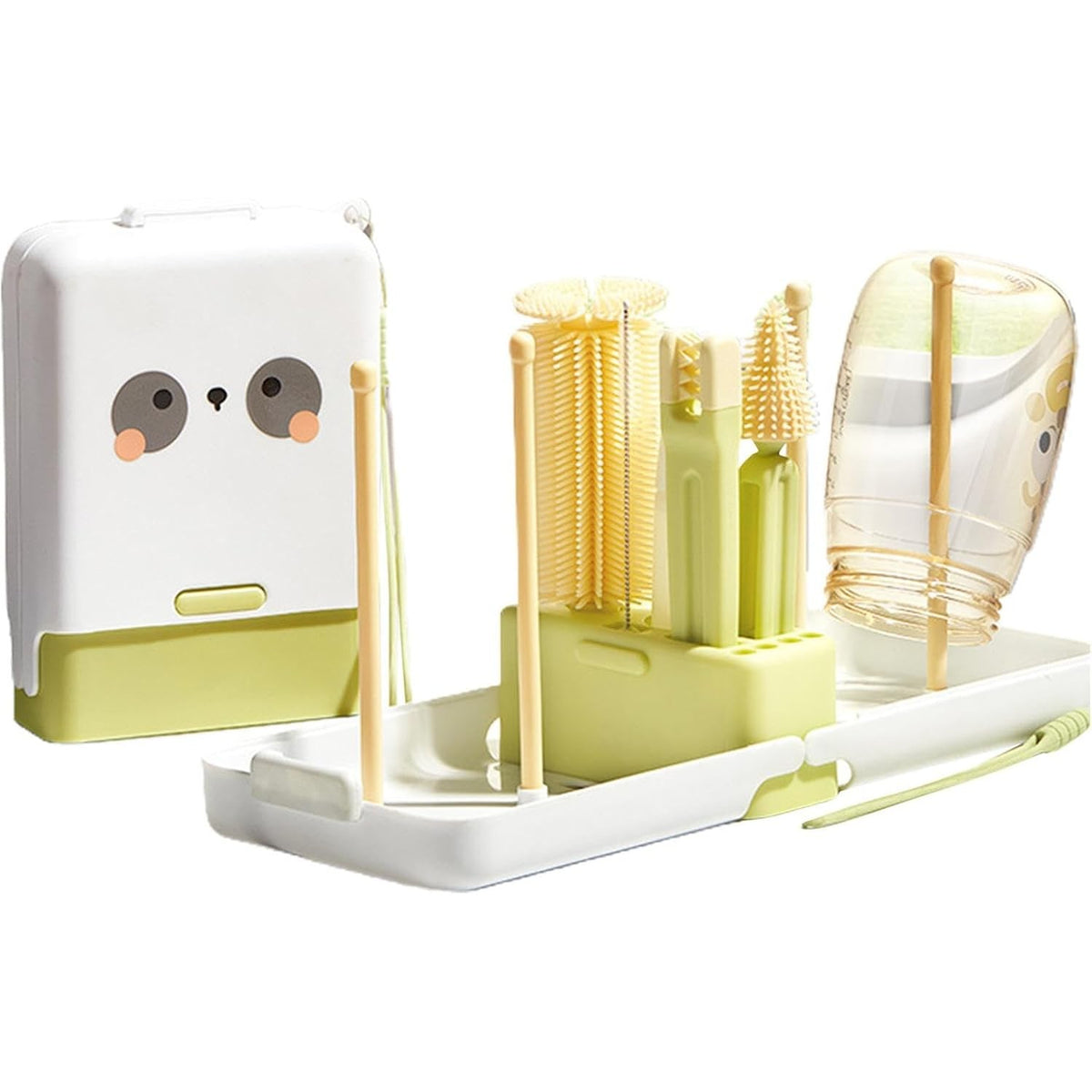 Set Curatare Biberoane si Accesorii, Kit Portabil 7 Piese cu Peri din Silicon si Suport Uscare, pentru Tetine, Suzete sau Paie, Cutie Depozitare Inclusa, Model Panda, Verde, 16.8 x 12 x 5 cm