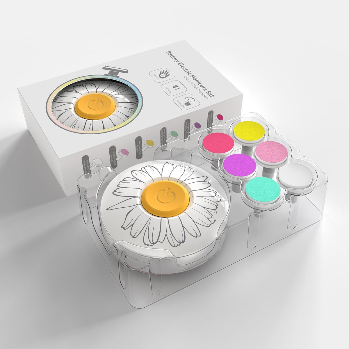 Pila Electrica Unghii pentru Bebelusi si Copii, Set Ingrijire Silentios cu 6 Capete Interschimbabile, Lumina LED, ABS, Model Flori, Alb