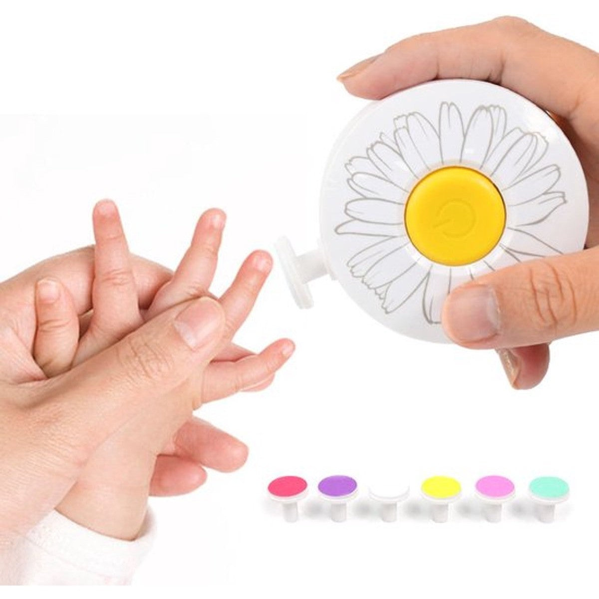 Pila Electrica Unghii pentru Bebelusi si Copii, Set Ingrijire Silentios cu 6 Capete Interschimbabile, Lumina LED, ABS, Model Flori, Alb