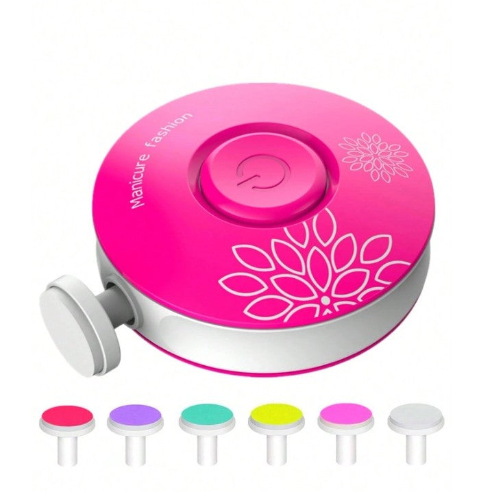 Pila Electrica pentru Unghii Bebelusi si Copii, Set Manichiura Silentionasa cu Lumina LED si 6 Capete de Schimb, Material ABS, Incarcare USB, Model Flori, Fucsia