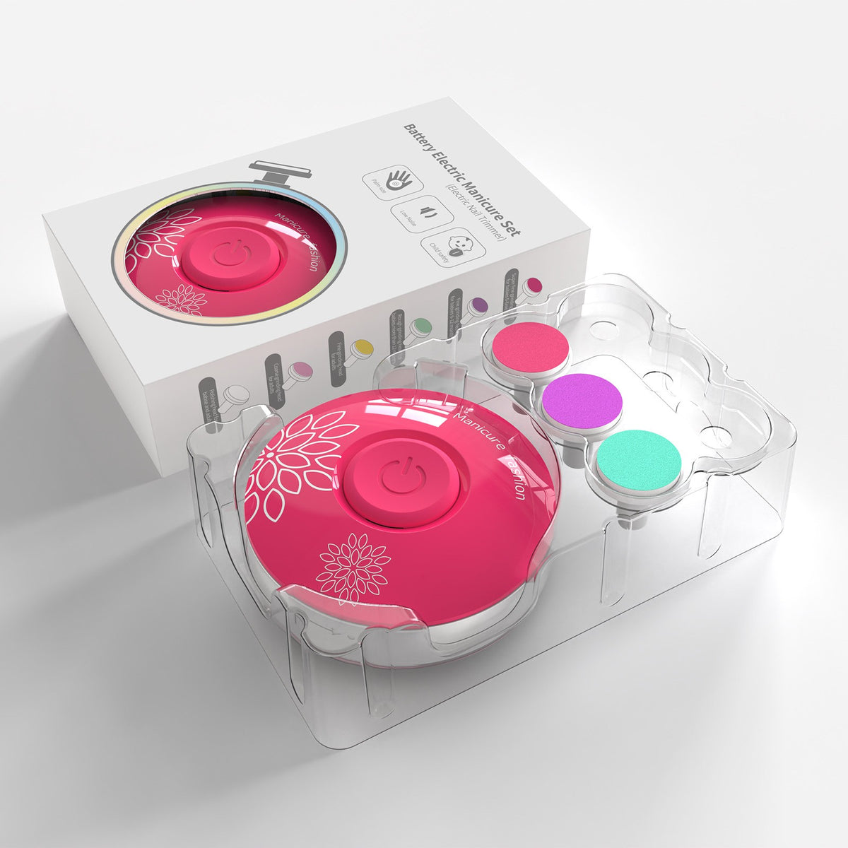 Pila Electrica pentru Unghii Bebelusi si Copii, Set Manichiura Silentionasa cu Lumina LED si 6 Capete de Schimb, Material ABS, Incarcare USB, Model Flori, Fucsia