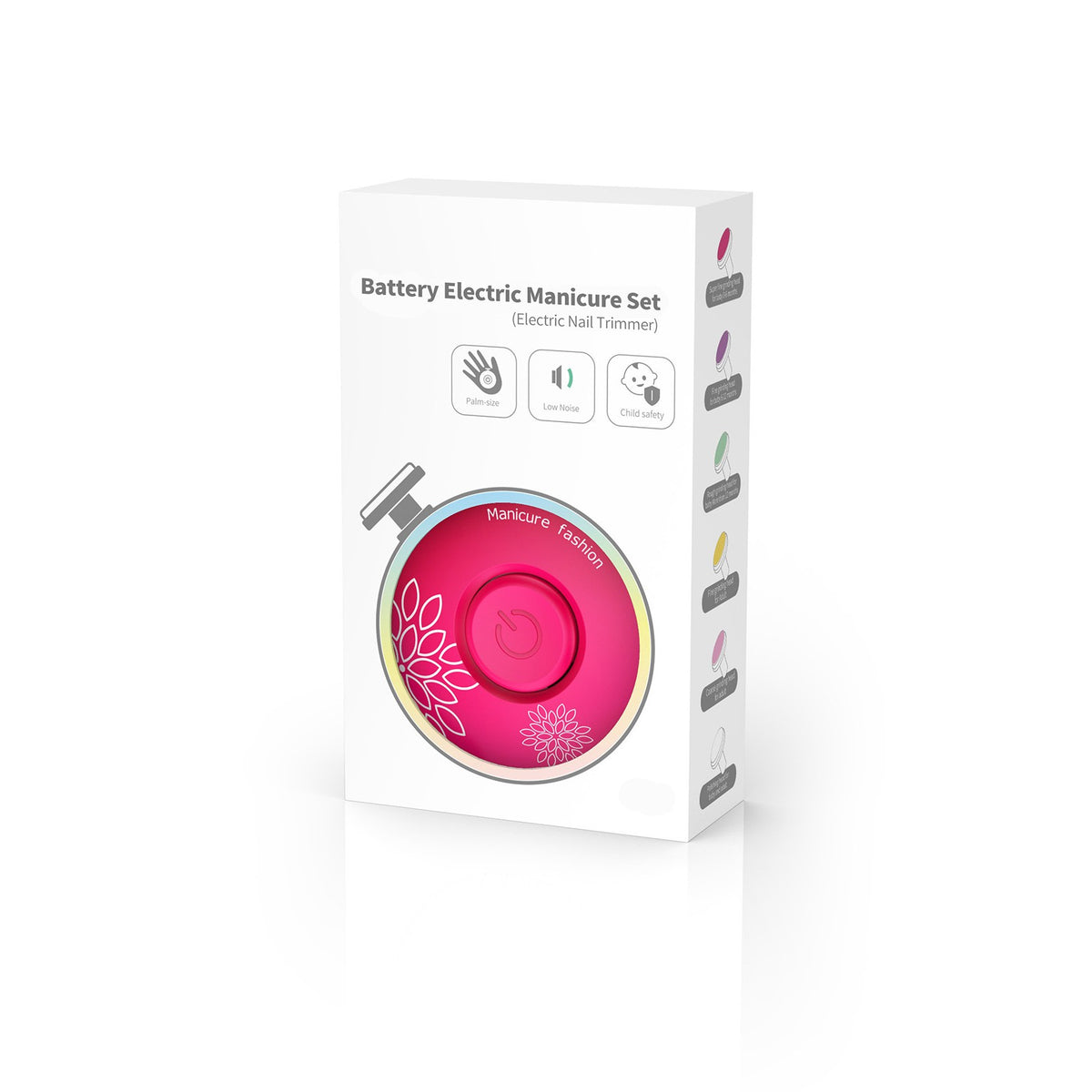 Pila Electrica pentru Unghii Bebelusi si Copii, Set Manichiura Silentionasa cu Lumina LED si 6 Capete de Schimb, Material ABS, Incarcare USB, Model Flori, Fucsia