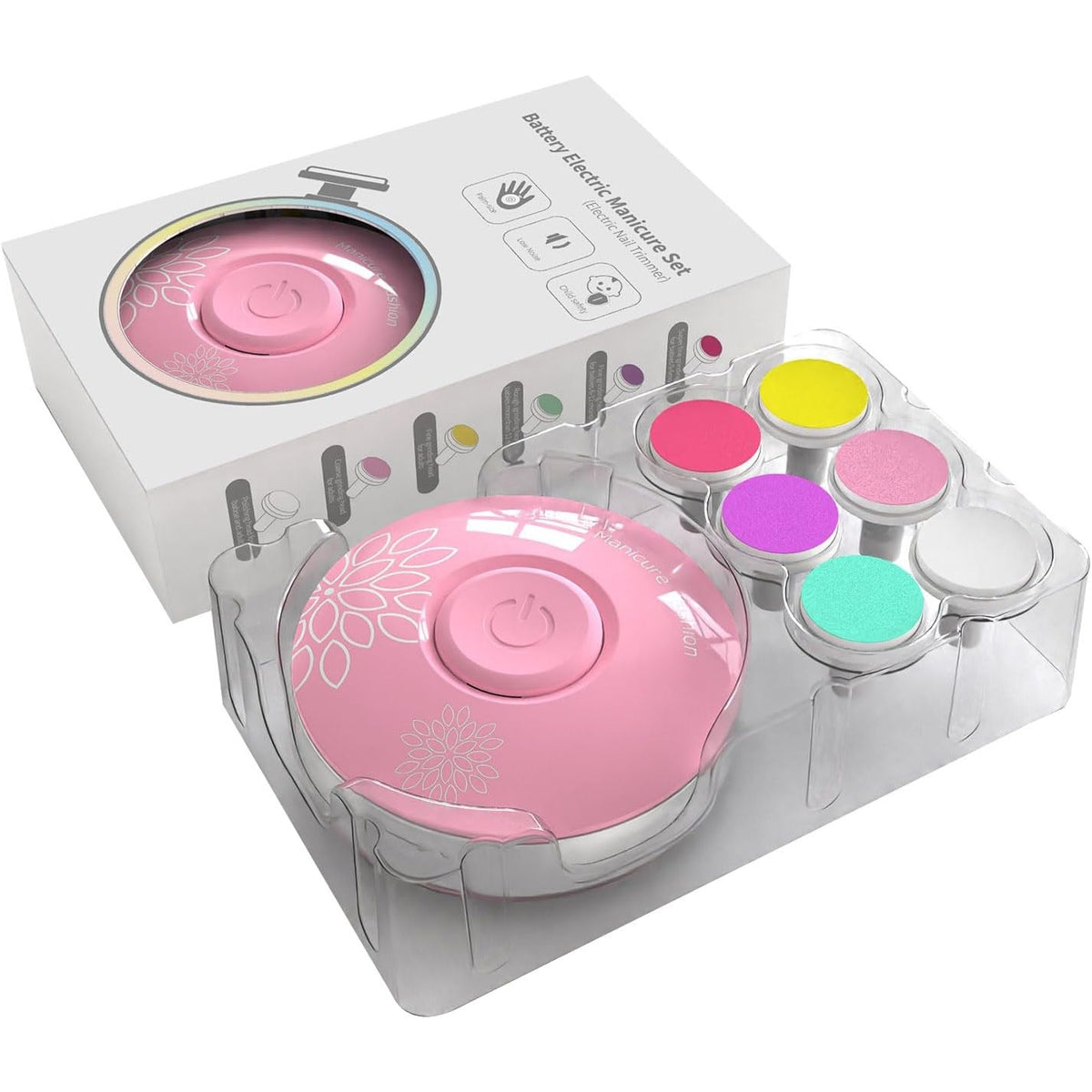 Pila Electrica Unghii Bebelusi si Copii, Set Ingrijire Silentios cu 6 Capete Interschimbabile, Material ABS, Model Flori, 6.5 x 1.8 cm, Roz