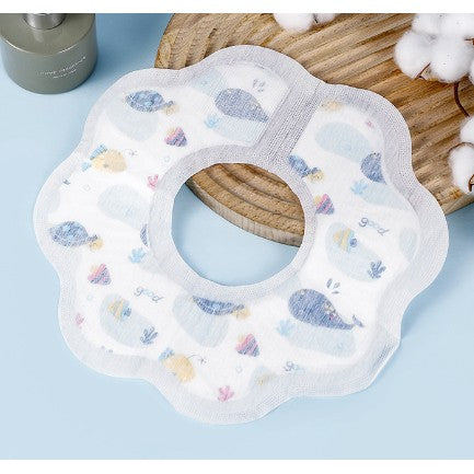 Bavete de Unica Folosinta pentru Bebelusi, Strat Impermeabil si Inchidere Velcro, Bumbac Moale, Model Animale Marine, Set 10 Bucati, 28 x 28 cm, Alb/Albastru