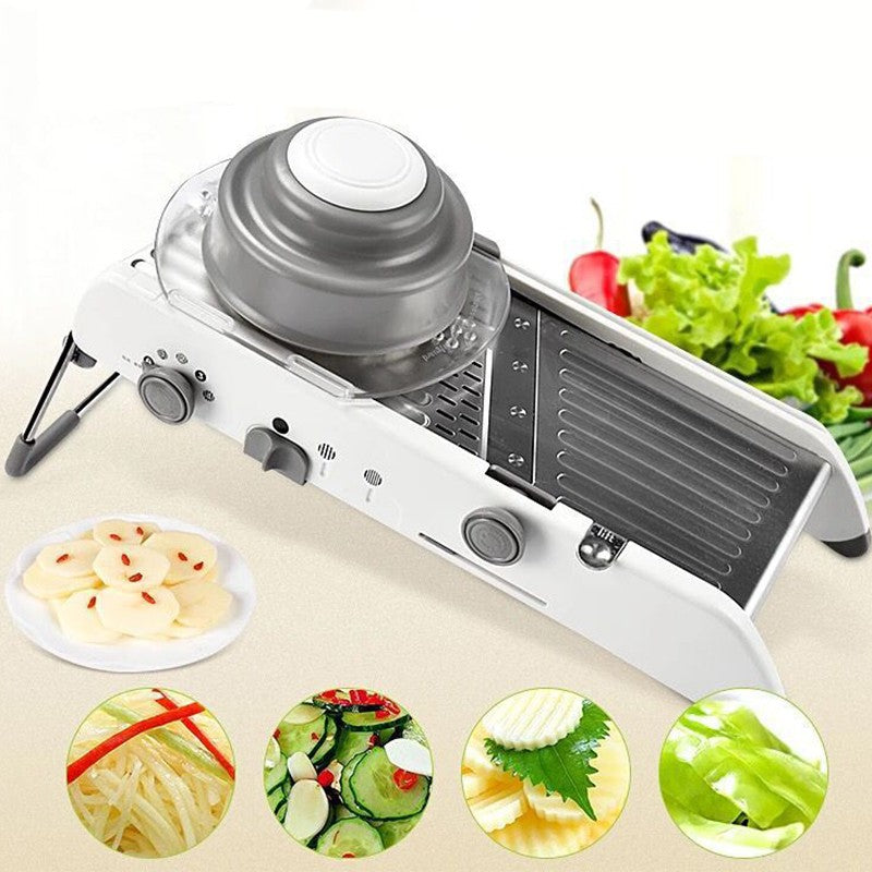 Feliator Manual Multifunctional pentru Legume si Fructe, Razatoare Reglabila cu Lame din Otel Inoxidabil, Accesoriu Bucatarie, 39 x 11.5 x 12.5 cm, Alb