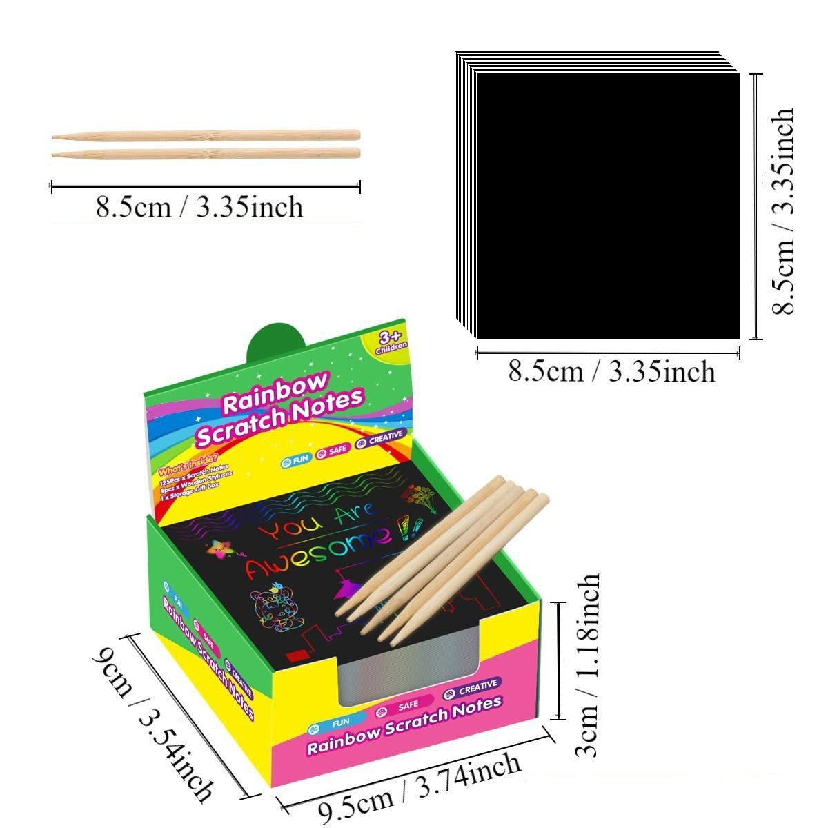 Set Hartie De Razuit Pentru Desen, Efect Magic Curcubeu Cu Strat Negru, Include 2 Creioane Lemn, Carton 250 g, 100 Bucati, 8.5 x 8.5 cm