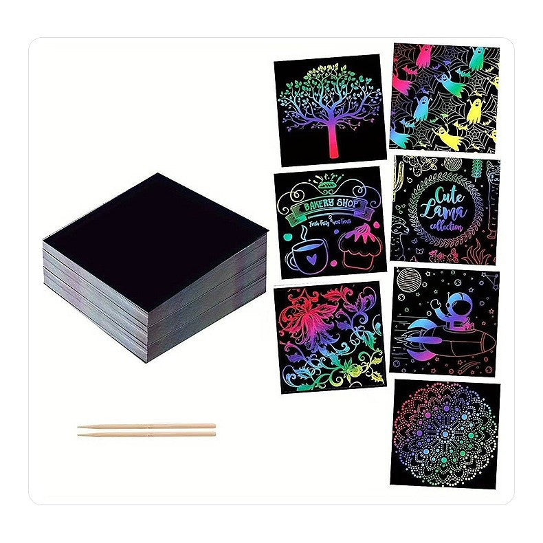 Set Hartie De Razuit Pentru Desen, Efect Magic Curcubeu Cu Strat Negru, Include 2 Creioane Lemn, Carton 250 g, 100 Bucati, 8.5 x 8.5 cm