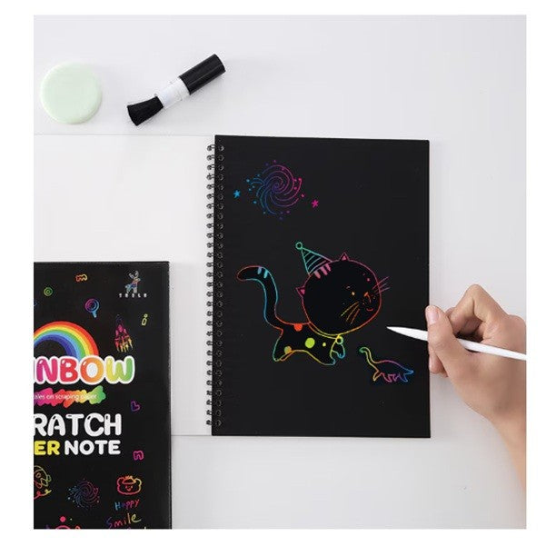 Caiet Hartie De Razuit Pentru Desen, Efect Magic Curcubeu, Include Stilou Din Lemn, 10 Foi A4, 250 g, 19 x 26 cm, Negru