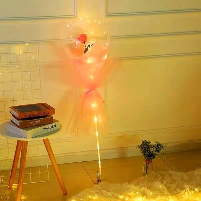 Buchet Decorativ, Trandafir Artificial in Balon Transparent cu Lumini LED, Set DIY pentru Cadou, Diametru 35 cm, Culoare Sampanie