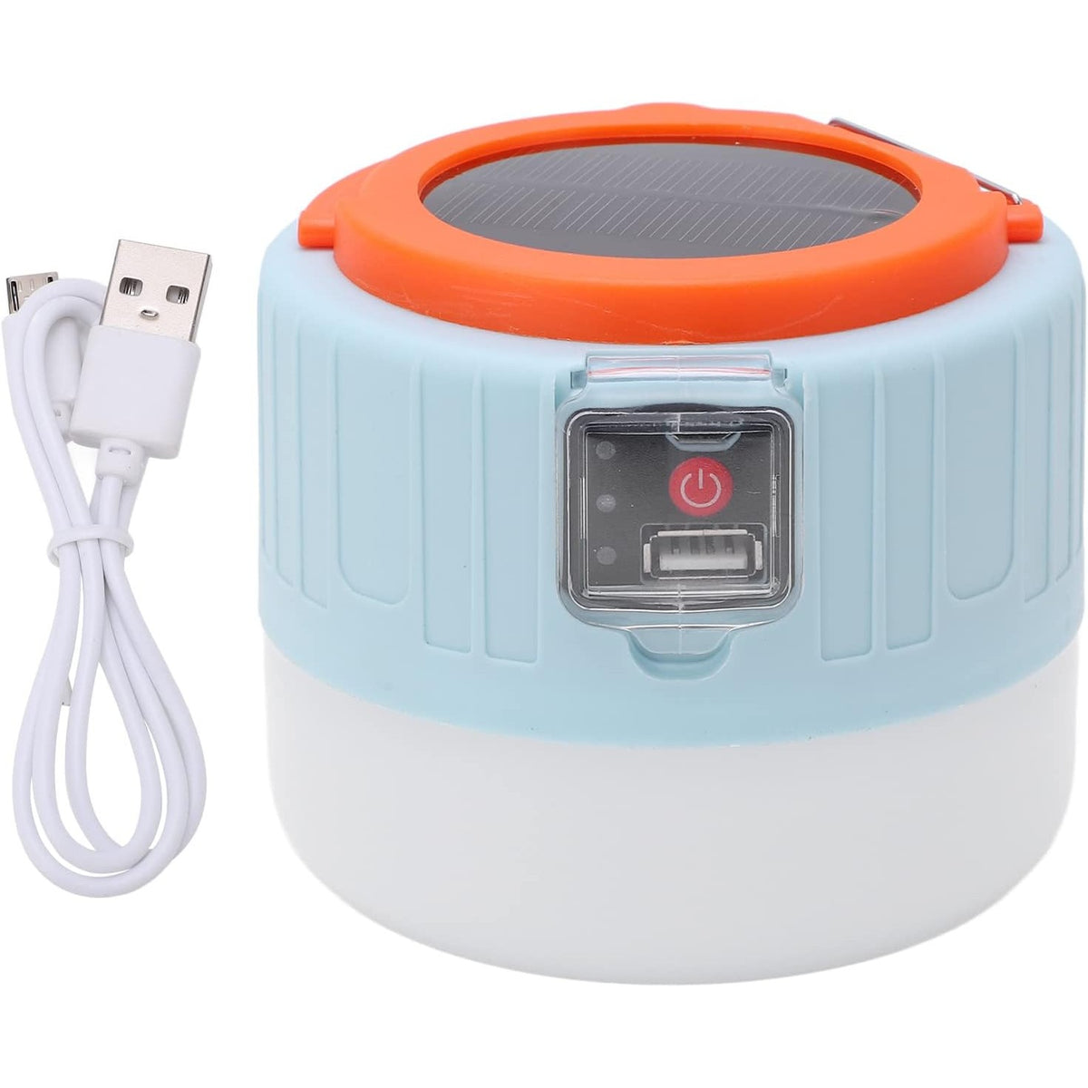 Lampa Portabila LED Camping, Incarcare Solara si USB, Acoperire 32 mp, Telecomanda, Afisaj Baterie, Rezistenta la Apa IP6, Aliaj Aluminiu, 6x9x11 cm, Alb