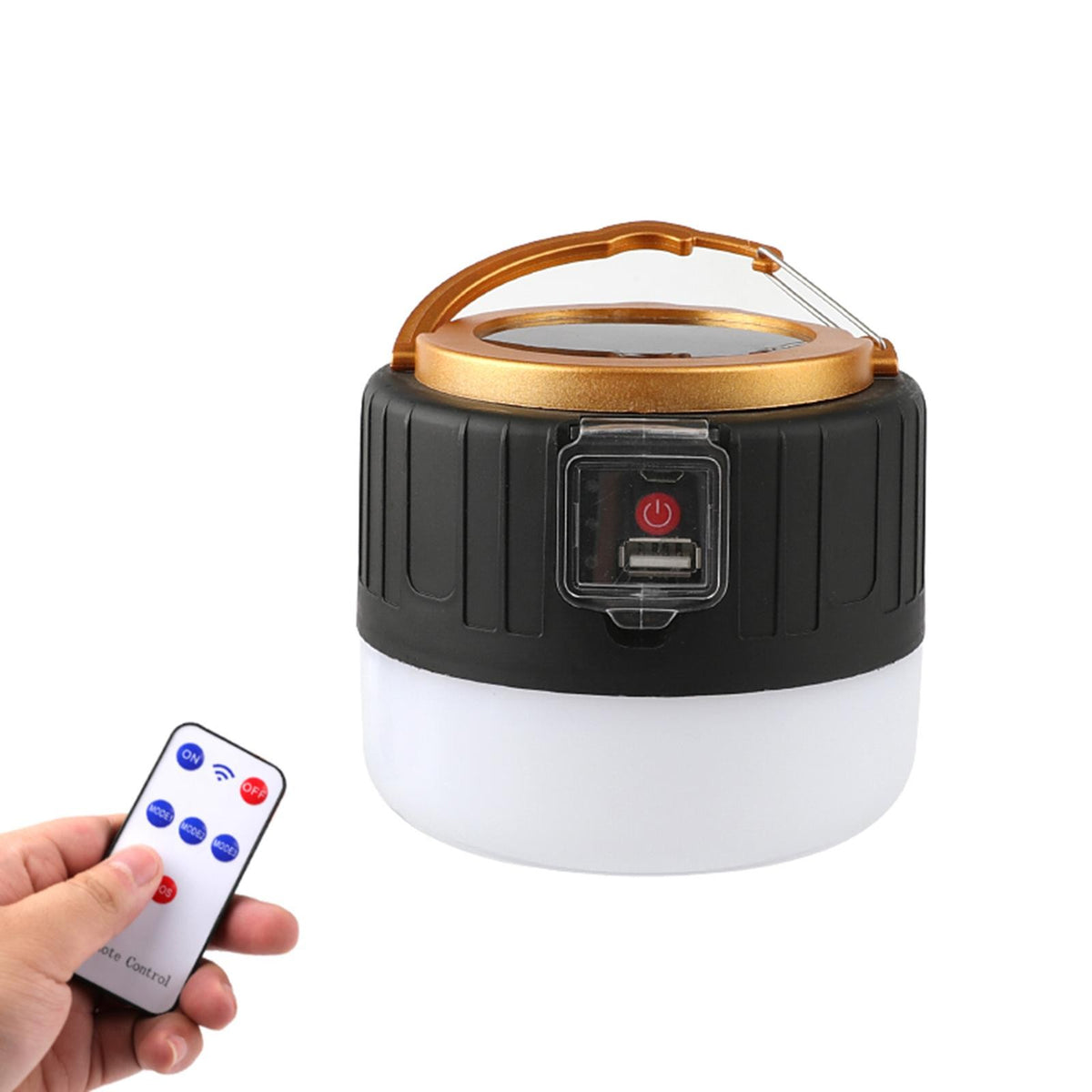 Lampa Portabila Camping, Incarcare Solara si USB, Afisaj Baterie, Rezistenta la Apa IP6, Telecomanda, Aluminiu, 6x9x11 cm, Negru