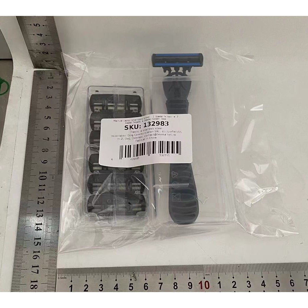 Aparat de Ras Manual cu 6 Lame, Sistem de Barbierit cu Maner Ergonomic si Suport, Otel Inoxidabil, 7 Capete de Schimb si Cutie de Depozitare, Negru