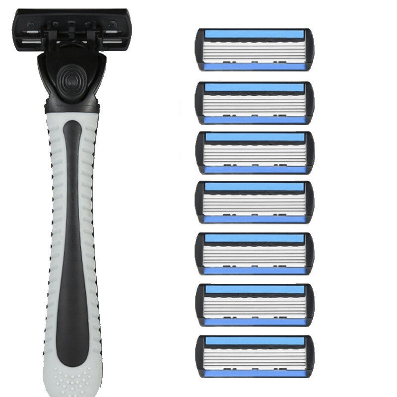 Aparat de Ras Manual cu 6 Lame, Sistem de Barbierit cu Maner Ergonomic si Suport, Otel Inoxidabil, 7 Capete de Schimb si Cutie de Depozitare, Negru