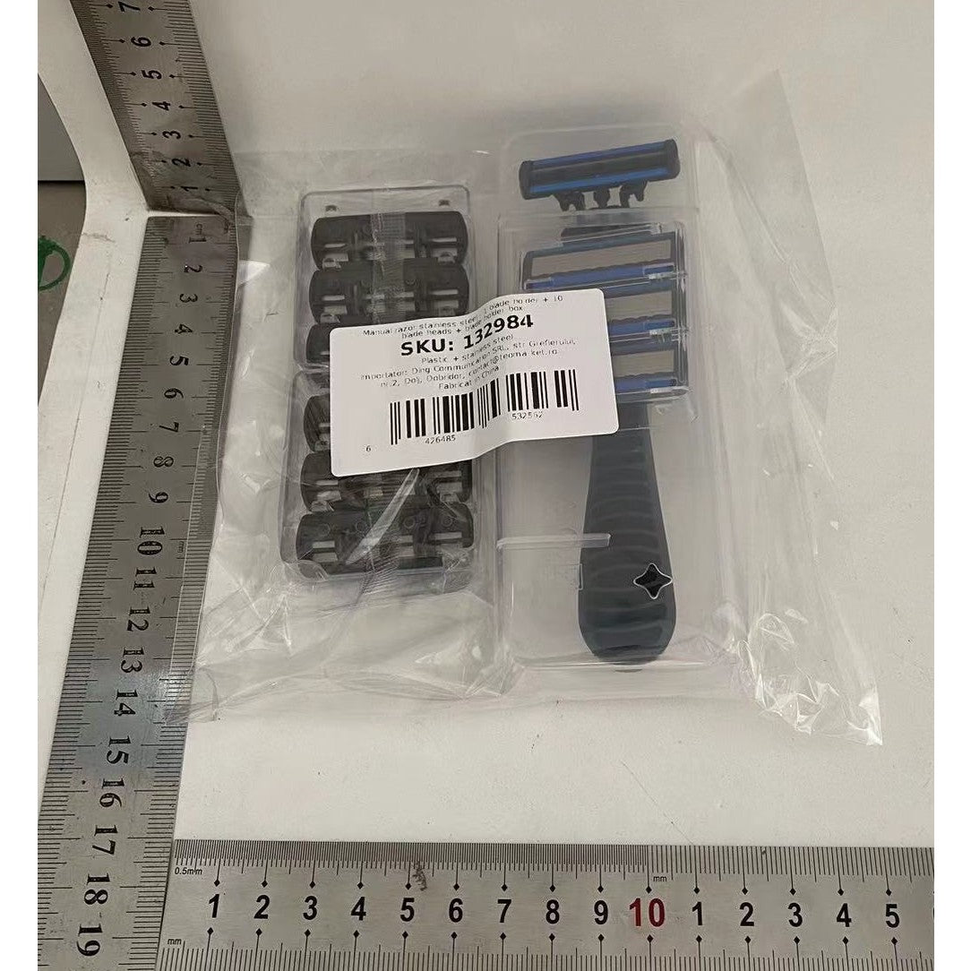 Aparat de Ras Manual, Sistem cu 6 Lame, Maner Ergonomic din Otel Inoxidabil, include 10 Rezerve si Cutie Depozitare, Negru