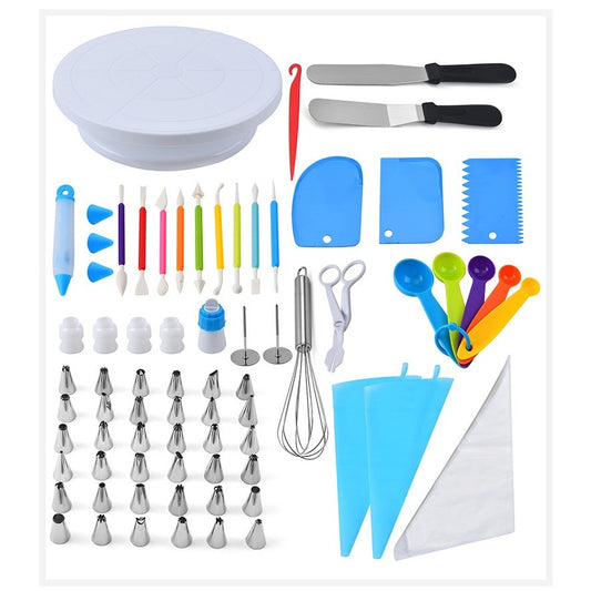Set Ustensile pentru Ornare si Decorare Prajituri, Platou Rotativ, Spatule si Duze din Inoxidabil, Plastic si Metal, Multicolor, 66 Piese