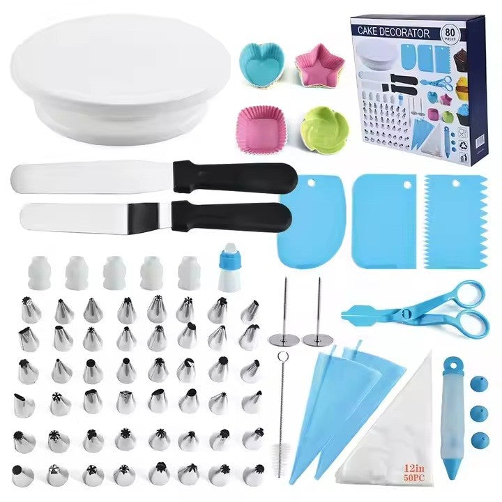 Set Ustensile pentru Ornare Prajituri si Torturi, 80 Piese cu Stand Rotativ, 48 Capete Posh, Spatule si Forme Briose, Otel Inoxidabil si Plastic, Multicolor