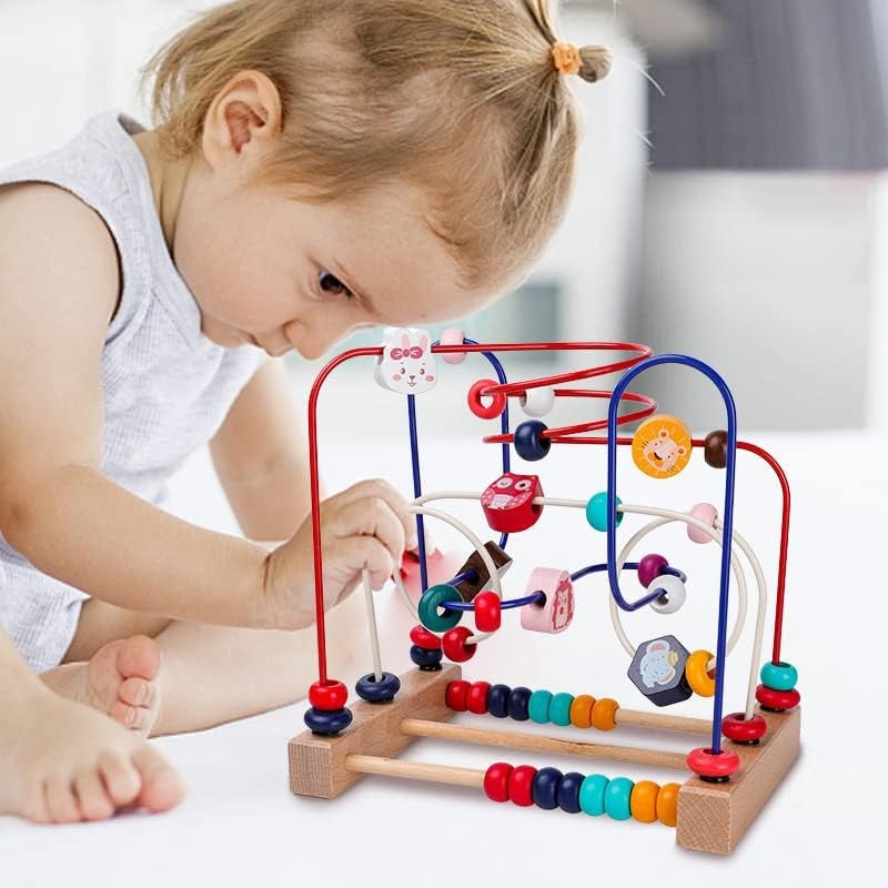 Jucarie Montessori din Lemn, Labirint Motricitate cu Abac si Animalute, Rollercoaster Educativ pentru Coordonare Mana-Ochi, Multicolor, 22.5x22.5x15 cm
