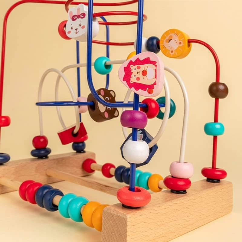 Jucarie Montessori din Lemn, Labirint Motricitate cu Abac si Animalute, Rollercoaster Educativ pentru Coordonare Mana-Ochi, Multicolor, 22.5x22.5x15 cm