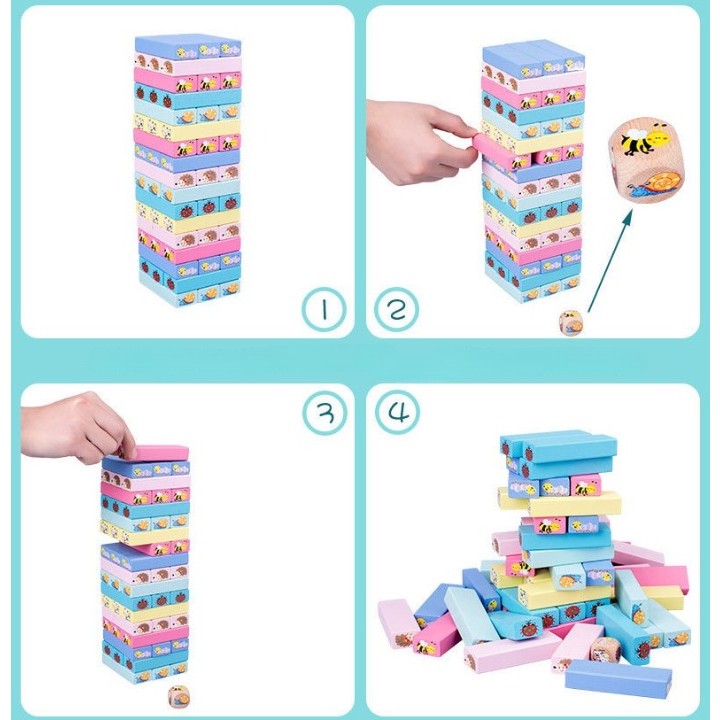 Joc de Societate Tip Jenga pentru Copii, Turn Instabil Interactiv cu Zar, Lemn Natural, 51 Piese Animate, 24.5x18x5 cm, Multicolor