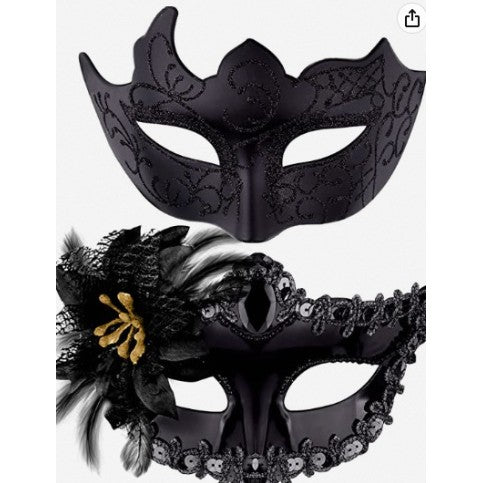 Set 2 Masti Carnaval pentru Cuplu, Accesorii Bal Mascat, Model Clasic cu Floare Laterala si Margele, Textura Mata, Marime Universala, Negru