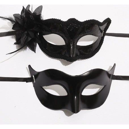 Set 2 Masti Carnaval pentru Cuplu, Accesorii Bal Mascat, Model Floare Laterala si Clasic Fluture, Plastic si Textil, Marime Universala, Negru
