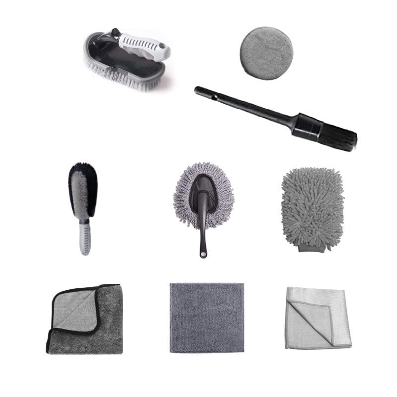 Set Curatare Auto Complet, 9 Piese pentru Detailing Interior si Exterior, Perii Anvelope, Manusa Microfibra, Lavete si Aplicator Ceara, Plastic PP si Nanofibra, Gri