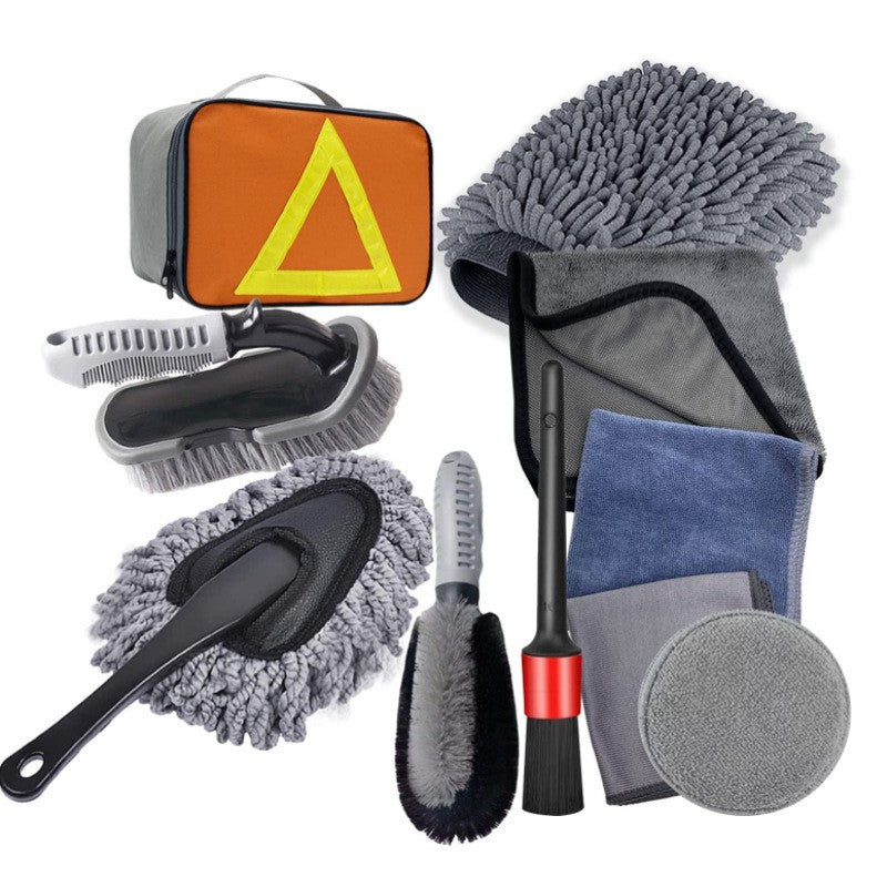 Set Curatare si Detailing Auto, 10 Piese cu Perii Jante, Manusa Microfibra, Lavete si Aplicator Ceara, Plastic si Nanofibra, cu Geanta Depozitare, Gri