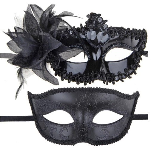 Set 2 Masti Carnaval pentru Cuplu, Accesorii Bal Mascat, Model Floare Laterala si Margele, Design Clasic, Marime Universala, Negru si Gri