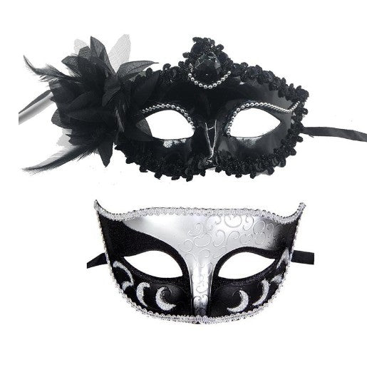 Set 2 Masti Carnaval pentru Cuplu, Accesorii Bal Mascat, Model Floare cu Margele si Fluture Clasic, Marime Universala, Negru si Argintiu