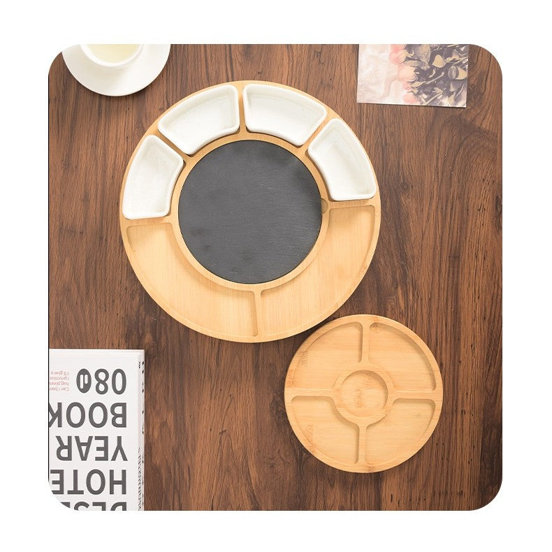 Set Complet Platou Branzeturi si Aperitive, Design Rotund cu Placa Ardezie si Accesorii Vin, Lemn si Ceramica, 18 Piese, Maro