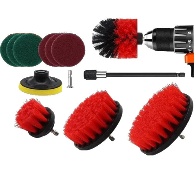 Set 12 Accesorii Curatare Auto pentru Bormasina, Kit Detailing Interior si Exterior, Perii Nylon si Bureti Lustruire, Prelungire 15 cm, Rosu