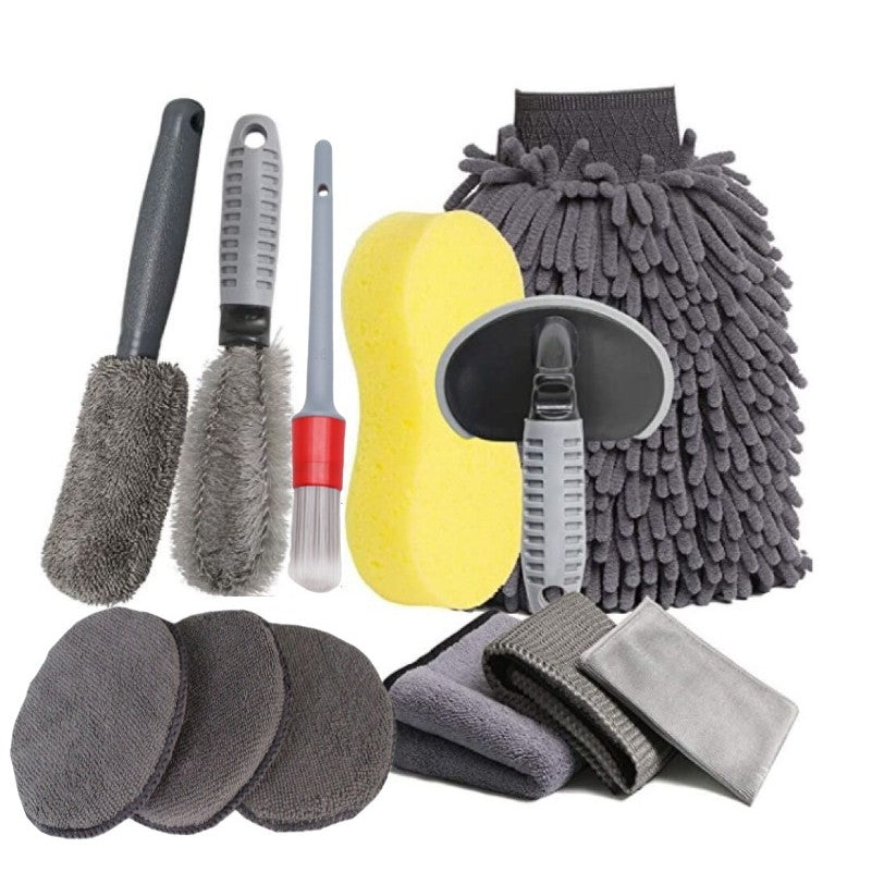 Set Curatare Auto Profesional, Kit 12 Accesorii pentru Detailing Interior si Exterior, Perii Jante si Anvelope, Microfibra si Bureti Polish, Gri