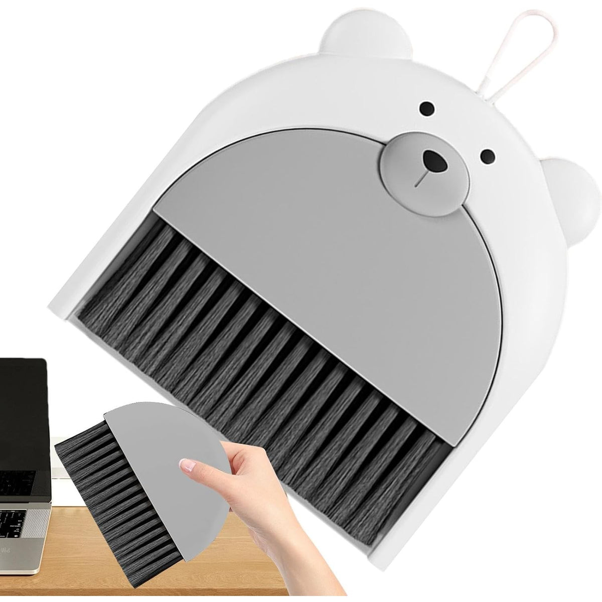 Set Mini Mătură și Făraș pentru Birou și Tastatură, Design Model Ursulet, Material PP și Plastic Moale, 23.5 x 18 cm, Gri