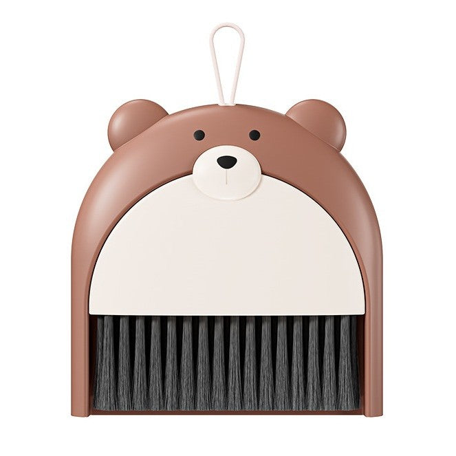 Set Mini Matura si Faras pentru Birou, Design Ursulet cu Snur de Agatare, Perie Fina 2 in 1, Material PP, 23.5 x 18 cm, Maro