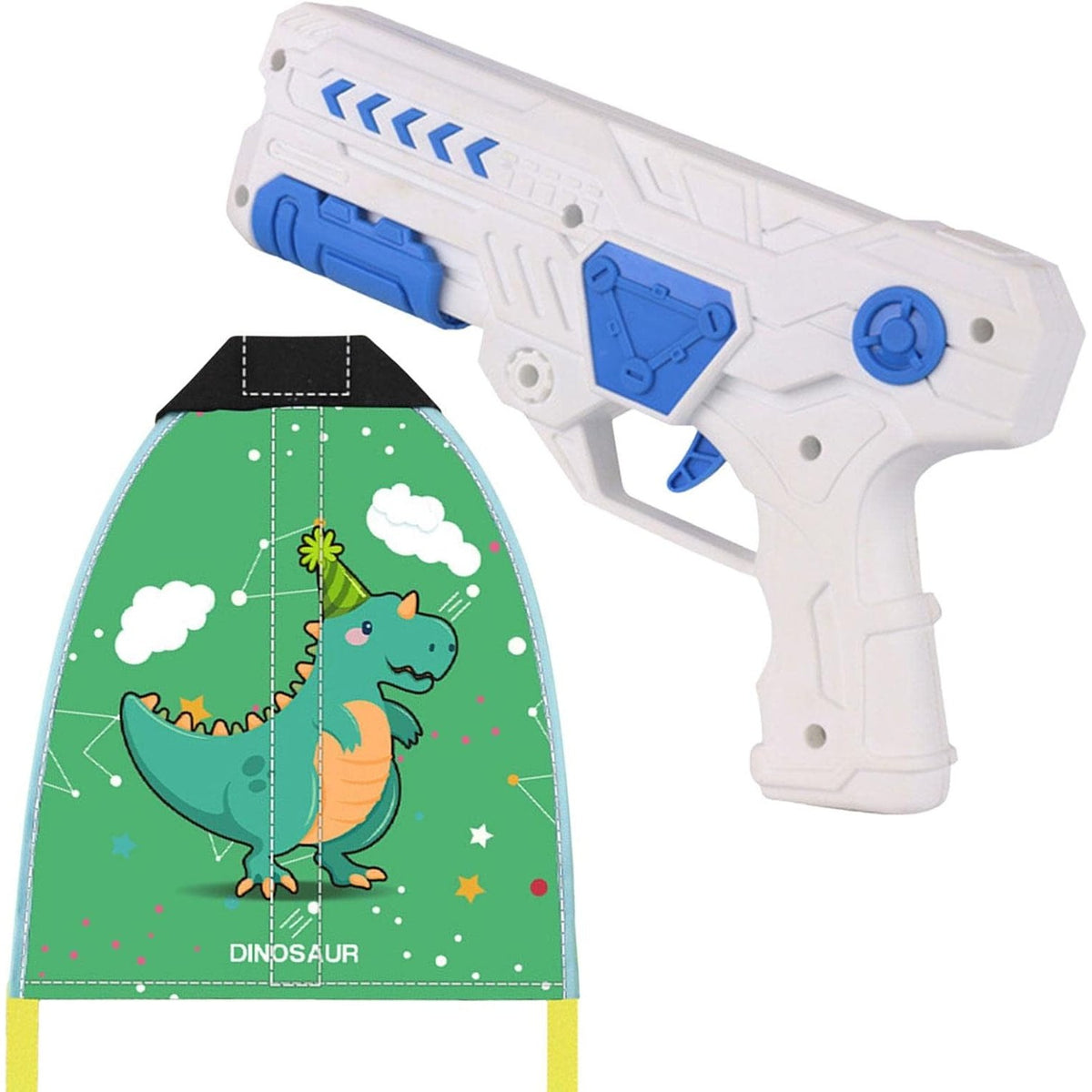 Set Jucarie Interactiva Pistol de Catapultare si Zmeu Dinozaur, Lansator Aerodinamic, Plastic si Panza Impermeabila, Raza 6m, 8 Ani+, Multicolor
