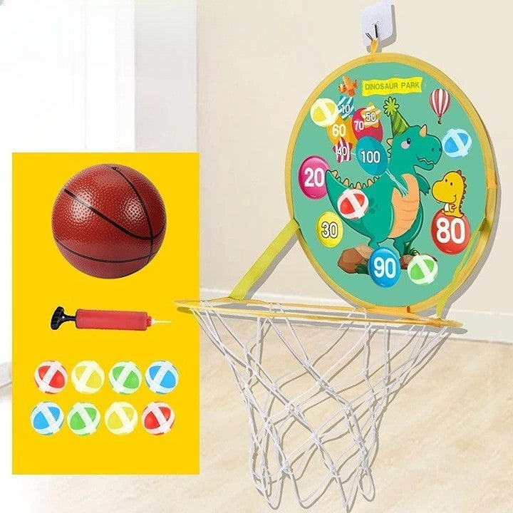 Set Interactiv 2 in 1 Cos de Baschet si Tinta de Darts pentru Copii, Model Dragon, Include Minge 16 cm, Pompa si 8 Mingi cu Scai, Montare pe Perete, Multicolor