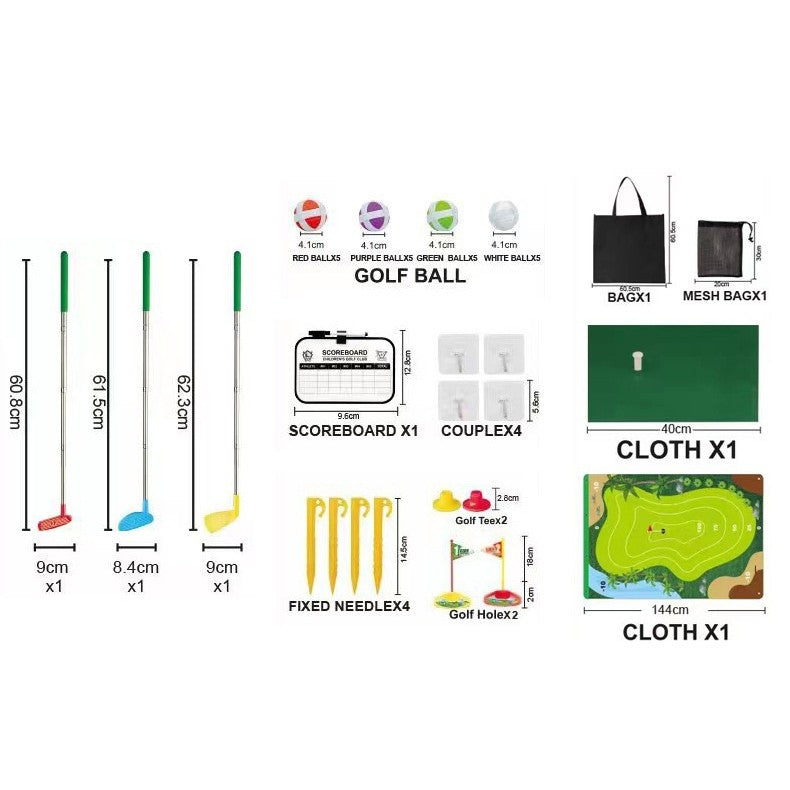 Set de Golf pentru Copii, Joc Interactiv Parinte-Copil cu Covor Textil Mare, 3 Crose Reglabile, 4 Mingi cu Scai, Accesorii Fixare, 140 x 98 cm, Multicolor, +3 Ani