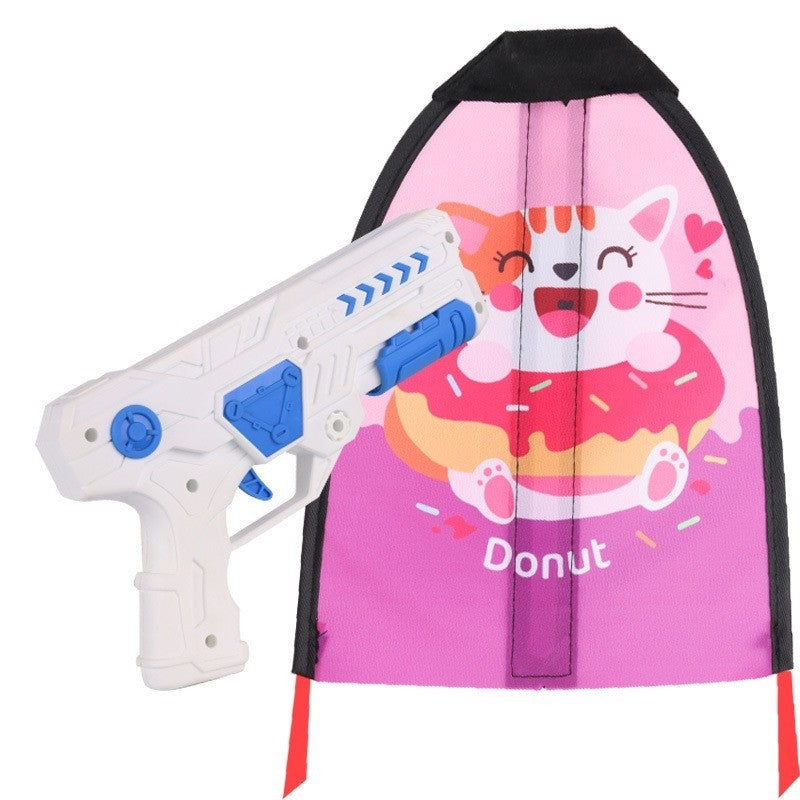 Set Jucarie Interactiva Pistol de Catapultare si Zmeu Pisicuta, Raza 6m, Design Aerodinamic Impermeabil, Plastic si Panza, Varsta +8 Ani, Multicolor, 2 Piese