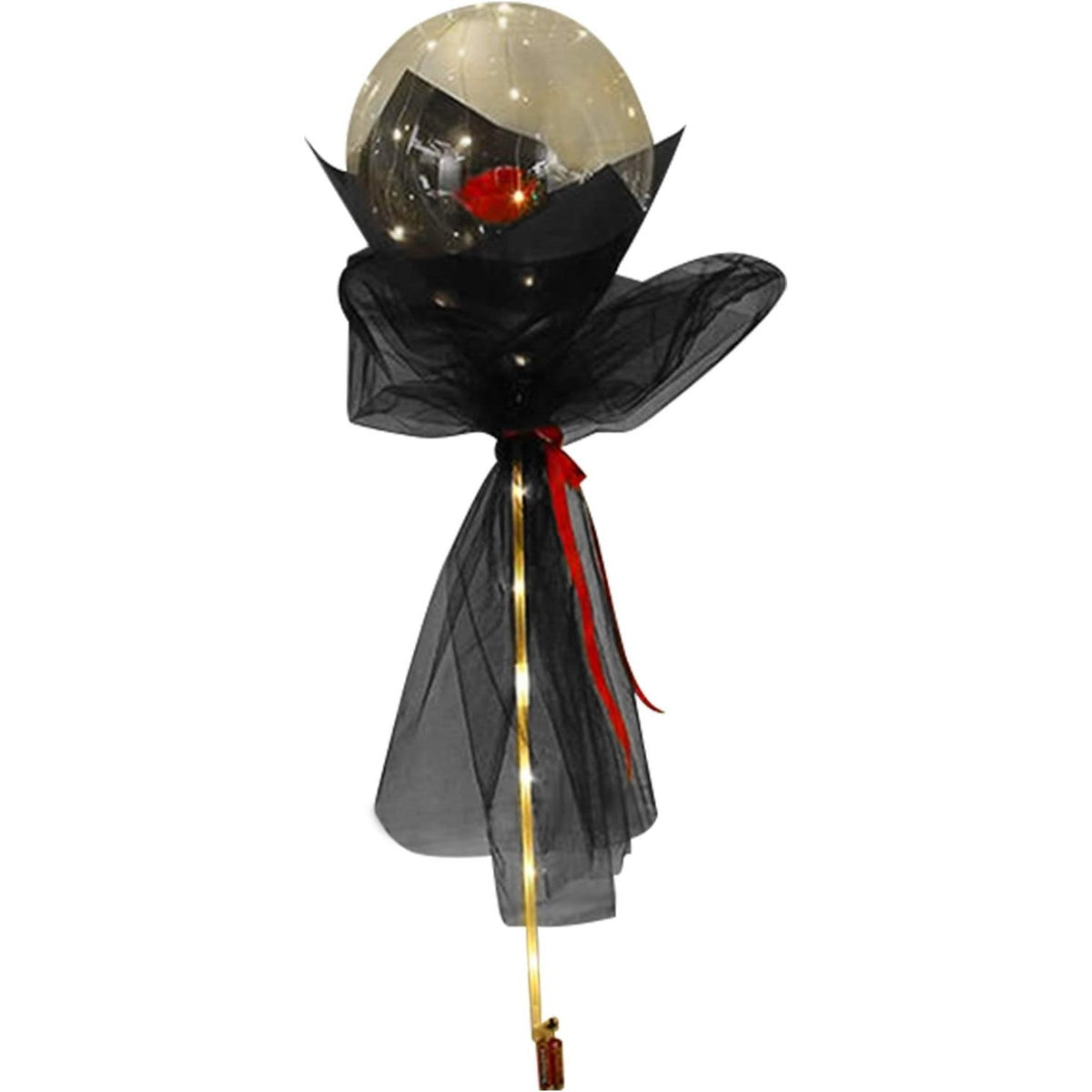 Buchet Decorativ Trandafir in Balon cu Lumini LED, Set Asamblare DIY cu 30 LED-uri, Latex si Tulle, 35 cm, Rosu/Negru