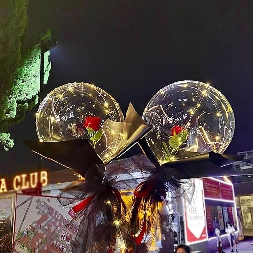 Buchet Decorativ, Trandafir Artificial in Balon Transparent cu Lumini LED, Set Asamblare DIY, Decoratiuni Evenimente, Diametru 35 cm, Rosu/Negru