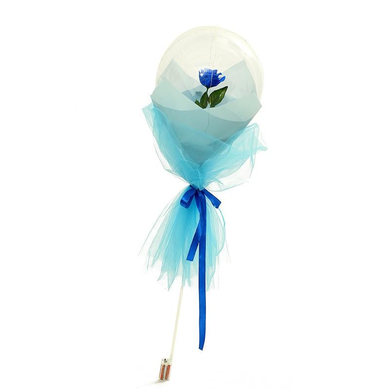 Buchet Decorativ Trandafir in Balon cu Lumini LED, Set Asamblare DIY cu Tulle si Panglica, Latex si Plastic, Diametru 35 cm, Albastru/Alb