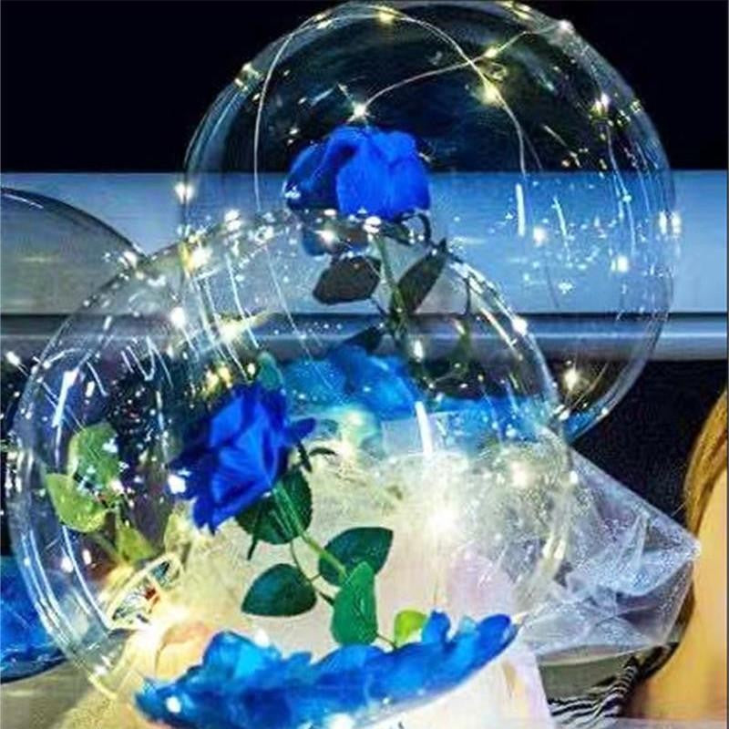 Buchet Decorativ Trandafir in Balon cu Lumini LED, Set Asamblare DIY cu Tulle si Panglica, Latex si Plastic, Diametru 35 cm, Albastru/Alb