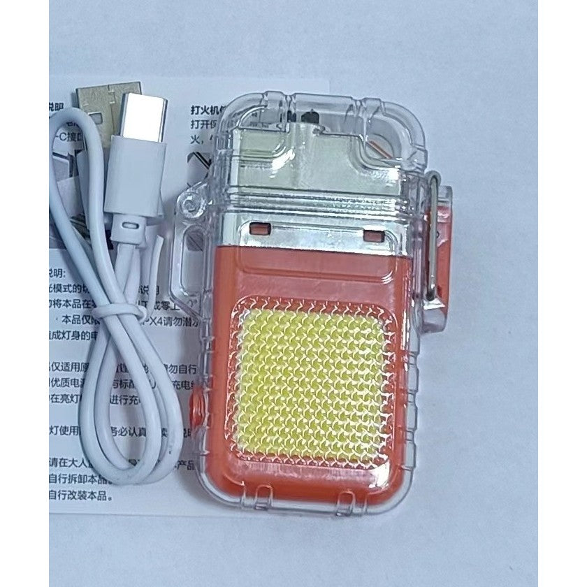 Lanterna Tip Breloc cu Bricheta Electrica, Tehnologie COB 220 Lumeni, Impermeabila IP65, Incarcare USB-C, 3 Moduri Iluminare, Acumulator 300 mAh, ABS si Aliaj Zinc, 7.4 x 4.9 x 1.7 cm, Portocaliu
