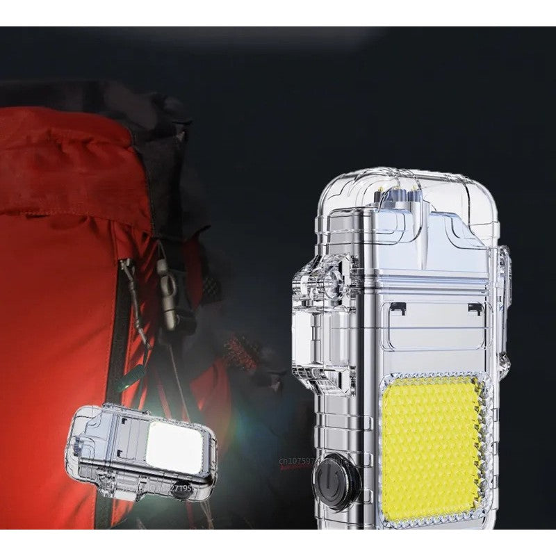 Lanternă Tip Breloc cu Brichetă Electrică, Tehnologie COB 220 Lumeni, Impermeabilă IP65, Încărcare USB-C, Aliaj Zinc și ABS, 300 mAh, 3 Moduri Iluminare, Argintiu