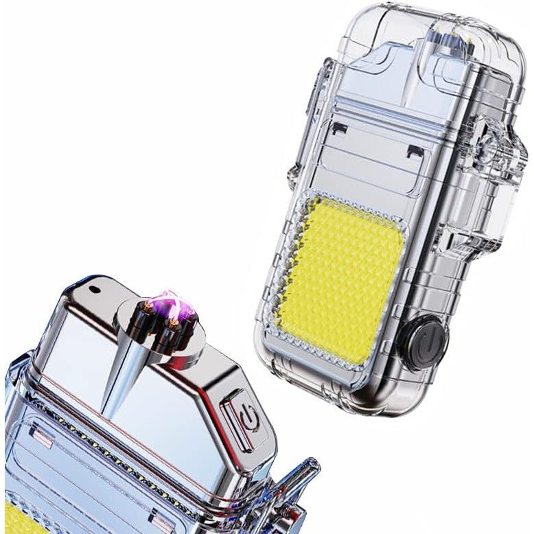 Lanternă Tip Breloc cu Brichetă Electrică, Tehnologie COB 220 Lumeni, Impermeabilă IP65, Încărcare USB-C, Aliaj Zinc și ABS, 300 mAh, 3 Moduri Iluminare, Argintiu